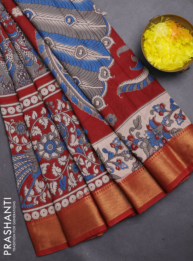 Kalamkari semi silk saree grey and rust shade with allover prints and mangalgiri border