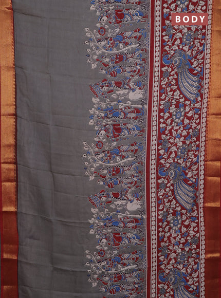Kalamkari semi silk saree grey and rust shade with allover prints and mangalgiri border