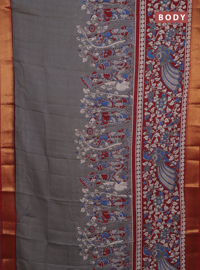 Kalamkari semi silk saree grey and rust shade with allover prints and mangalgiri border