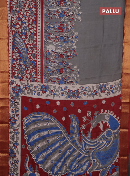 Kalamkari semi silk saree grey and rust shade with allover prints and mangalgiri border