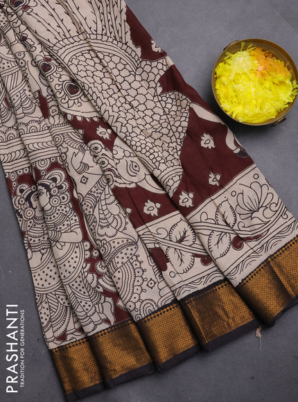 Kalamkari semi silk saree coffee brown and black with alover prints and mangalgiri border