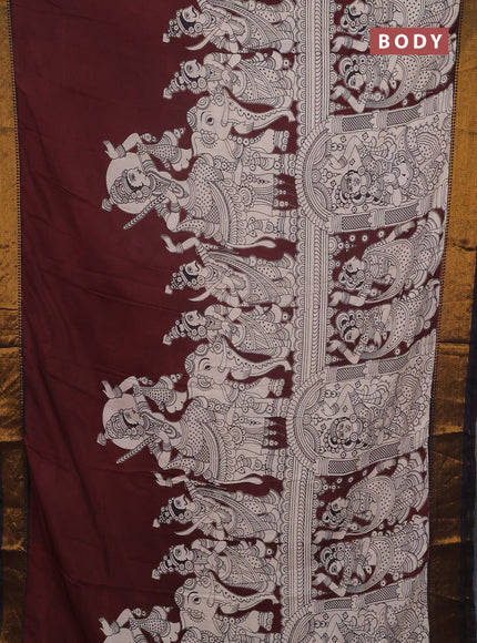 Kalamkari semi silk saree coffee brown and black with alover prints and mangalgiri border
