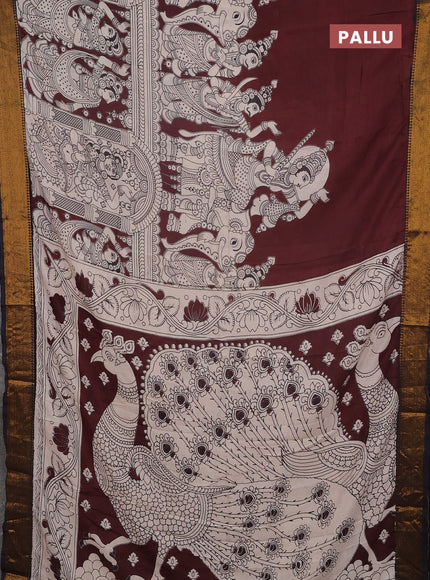 Kalamkari semi silk saree coffee brown and black with alover prints and mangalgiri border