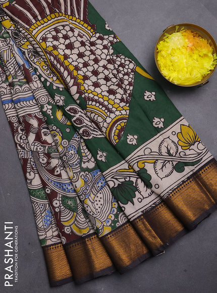 Kalamkari semi silk saree coffee brown and black with allover prints and mangalgiri border