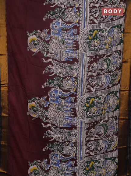 Kalamkari semi silk saree coffee brown and black with allover prints and mangalgiri border