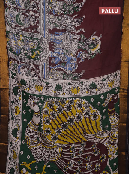 Kalamkari semi silk saree coffee brown and black with allover prints and mangalgiri border