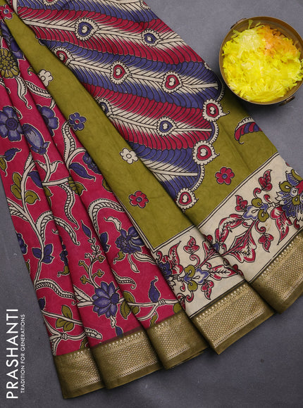 Kalamkari semi silk saree wine shade and mehendi green with allover prints and mangalgiri border