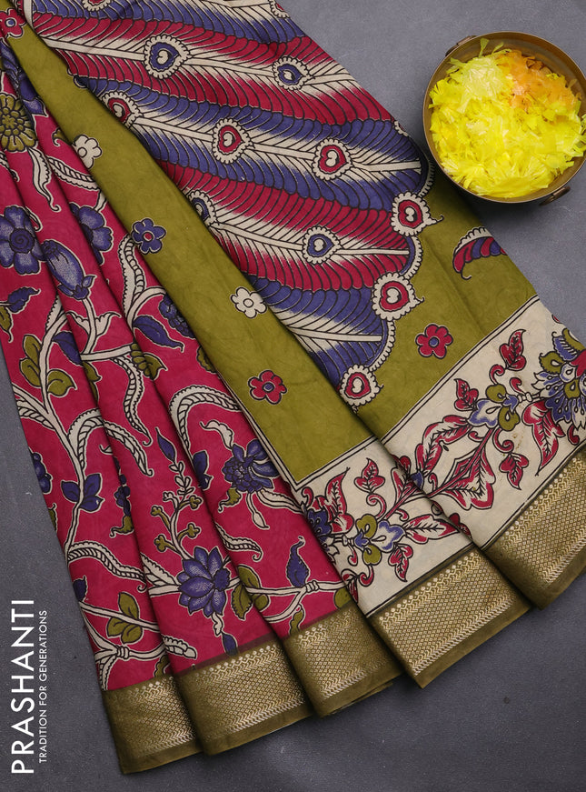 Kalamkari semi silk saree wine shade and mehendi green with allover prints and mangalgiri border