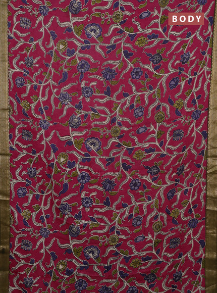 Kalamkari semi silk saree wine shade and mehendi green with allover prints and mangalgiri border