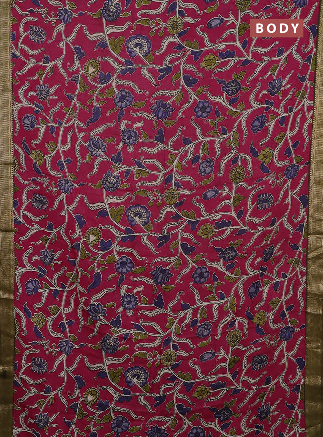 Kalamkari semi silk saree wine shade and mehendi green with allover prints and mangalgiri border