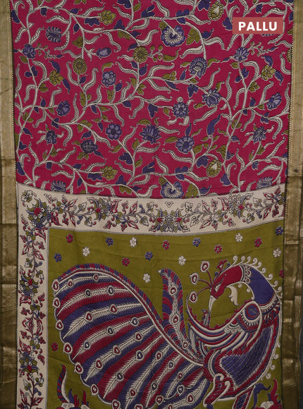 Kalamkari semi silk saree wine shade and mehendi green with allover prints and mangalgiri border