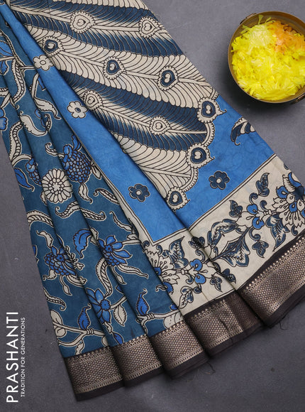Kalamkari semi silk saree cs blue  and black with allover prints and mangalgiri border