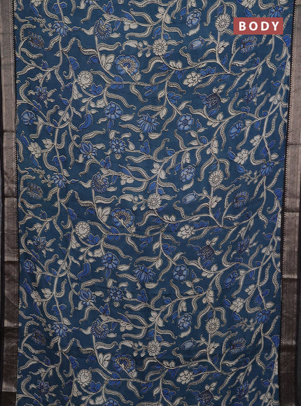 Kalamkari semi silk saree cs blue  and black with allover prints and mangalgiri border