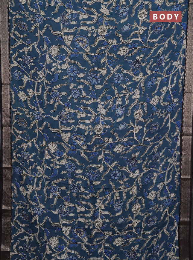 Kalamkari semi silk saree cs blue  and black with allover prints and mangalgiri border