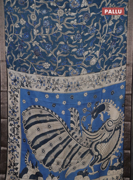 Kalamkari semi silk saree cs blue  and black with allover prints and mangalgiri border