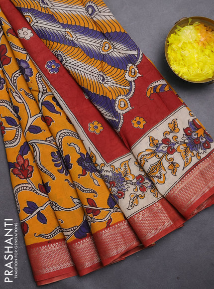 Kalamkari semi silk saree mustard yellow and rust shade with allover prints and mangalgiri border