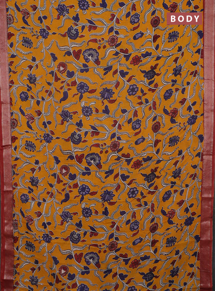Kalamkari semi silk saree mustard yellow and rust shade with allover prints and mangalgiri border