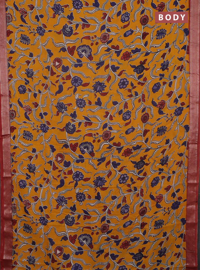 Kalamkari semi silk saree mustard yellow and rust shade with allover prints and mangalgiri border