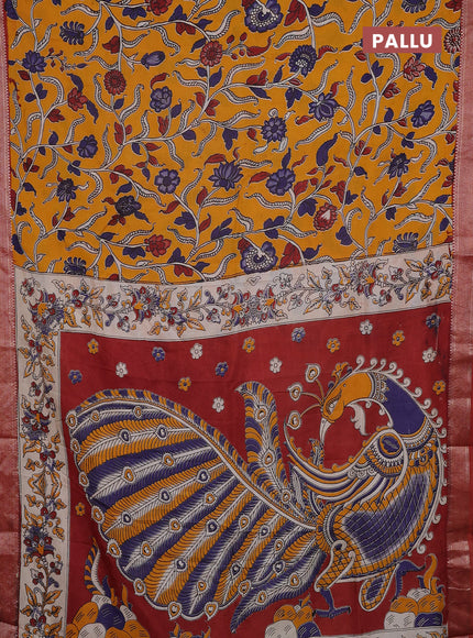 Kalamkari semi silk saree mustard yellow and rust shade with allover prints and mangalgiri border