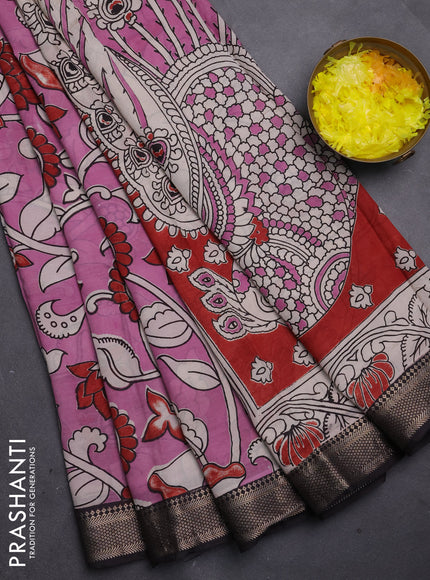 Kalamkari semi silk saree mauve pink and black with allover prints and mangalgiri border