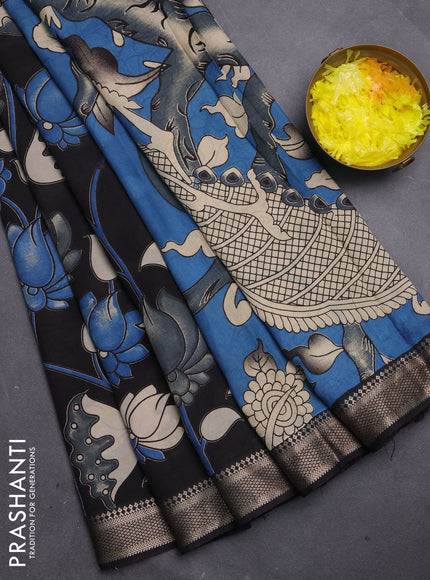Kalamkari semi silk saree black with allover prints and mangalgiri border