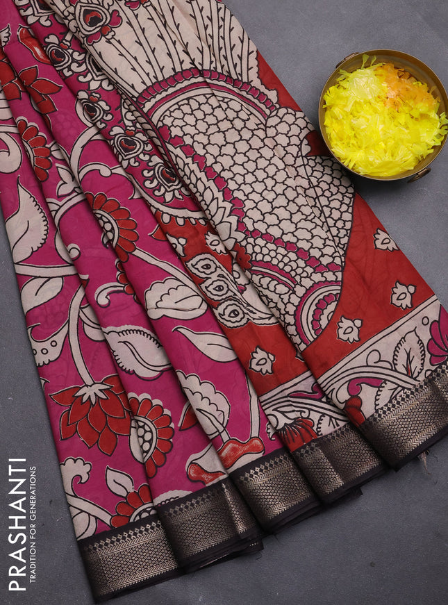 Kalamkari semi silk saree magenta pink and black with allover prints and mangalgiri border