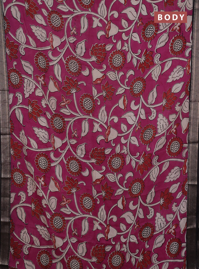 Kalamkari semi silk saree magenta pink and black with allover prints and mangalgiri border