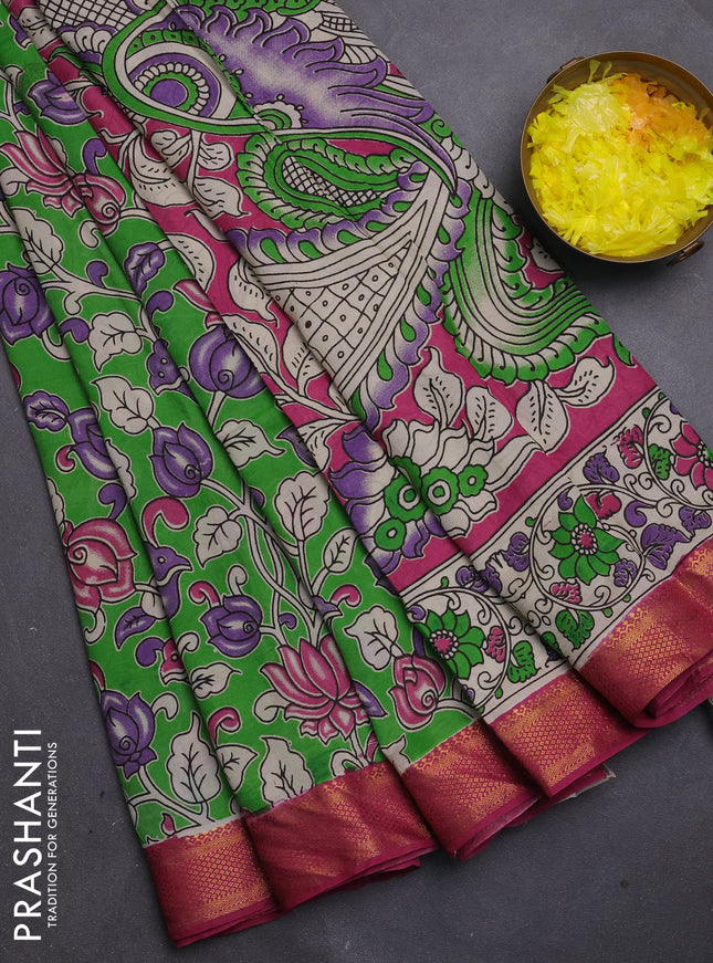 Kalamkari semi silk saree light green and wine shade with allover prints and mangalgiri border