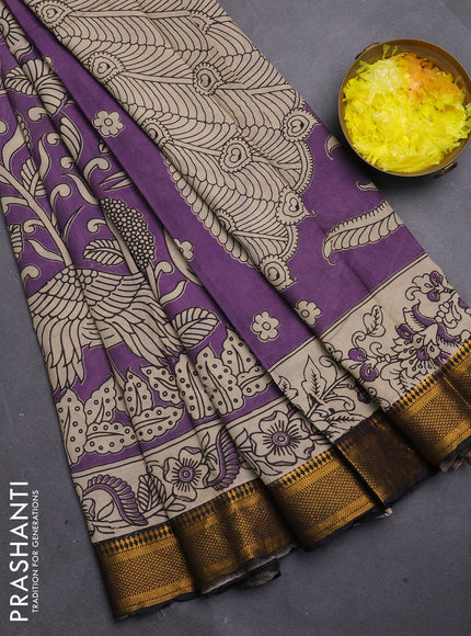 Kalamkari semi silk saree lavender and black with allover prints and mangalgiri border