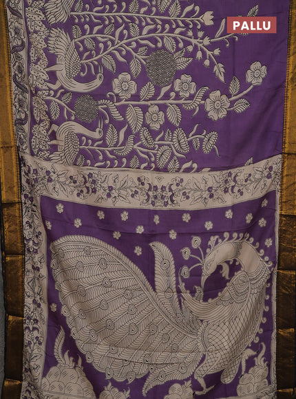 Kalamkari semi silk saree lavender and black with allover prints and mangalgiri border