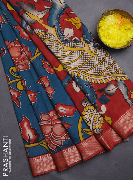 Kalamkari semi silk saree peacock green and rust shade with allover prints and mangalgiri border