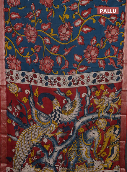 Kalamkari semi silk saree peacock green and rust shade with allover prints and mangalgiri border