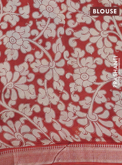Kalamkari semi silk saree peacock green and rust shade with allover prints and mangalgiri border