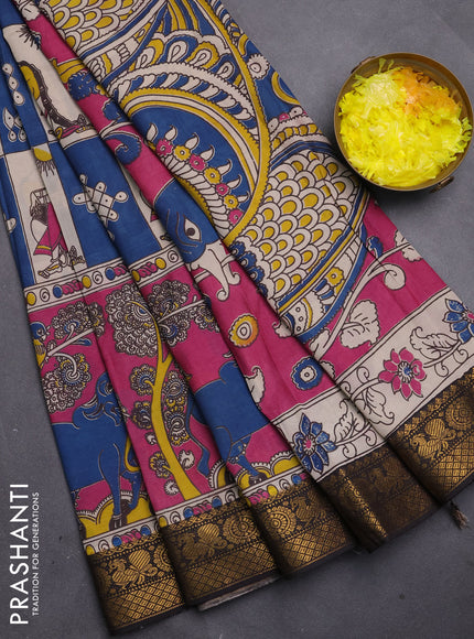 Kalamkari semi silk saree cs blue beige and black with allover pichwai prints and mangalgiri border