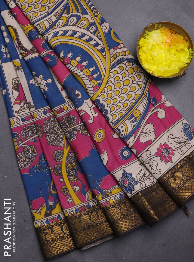 Kalamkari semi silk saree cs blue beige and black with allover pichwai prints and mangalgiri border