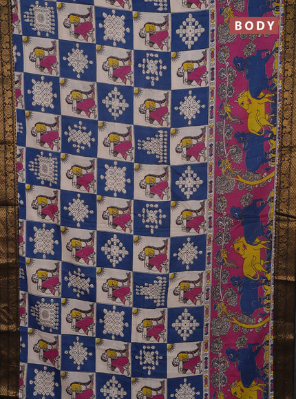 Kalamkari semi silk saree cs blue beige and black with allover pichwai prints and mangalgiri border