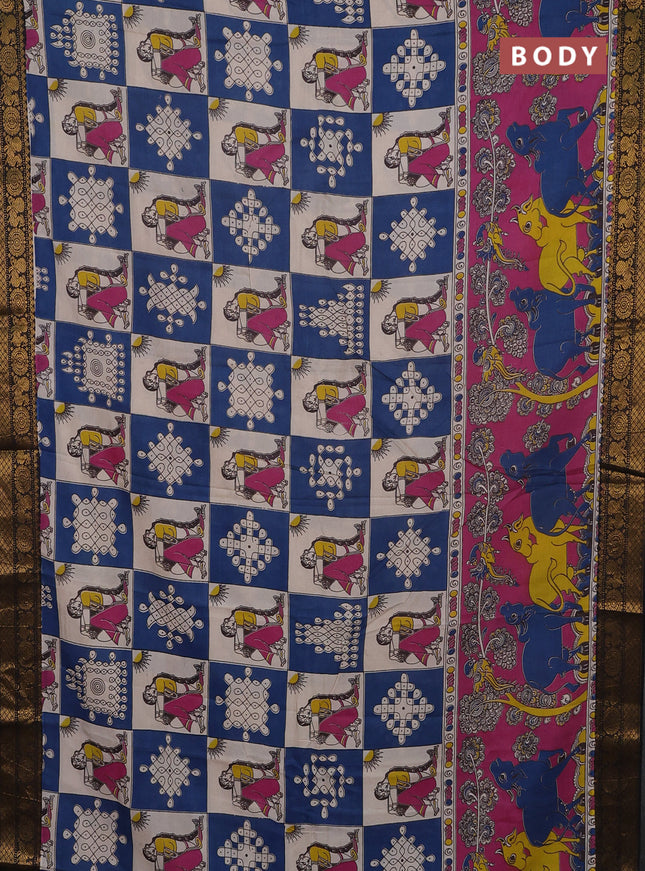 Kalamkari semi silk saree cs blue beige and black with allover pichwai prints and mangalgiri border