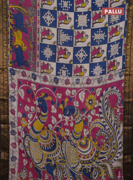 Kalamkari semi silk saree cs blue beige and black with allover pichwai prints and mangalgiri border