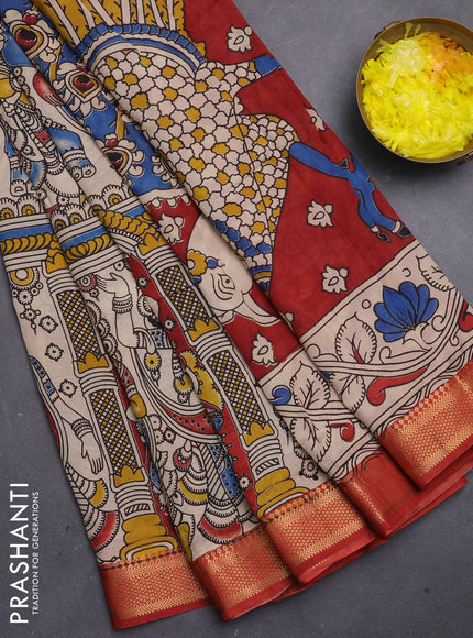Kalamkari semi silk saree beige and maroon with allover prints and mangalgiri border