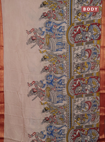 Kalamkari semi silk saree beige and maroon with allover prints and mangalgiri border