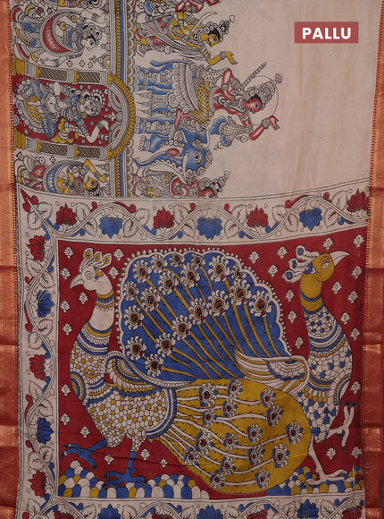 Kalamkari semi silk saree beige and maroon with allover prints and mangalgiri border