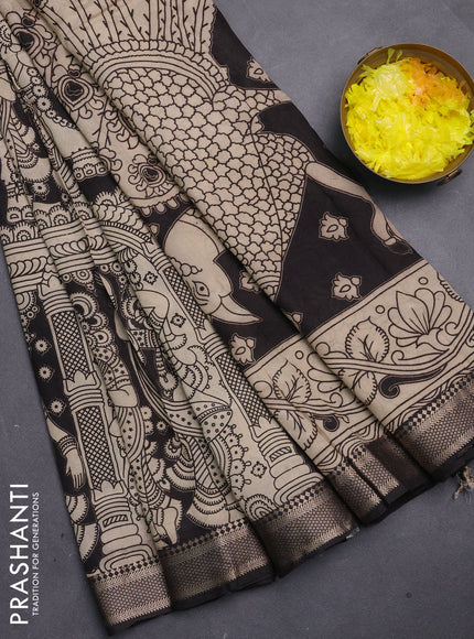 Kalamkari semi silk saree beige and black with allover prints and mangalgiri border