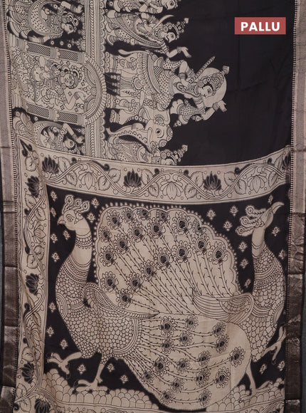 Kalamkari semi silk saree beige and black with allover prints and mangalgiri border