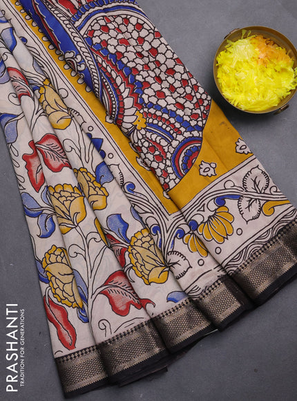 Kalamkari semi silk saree beige and black with allover prints and mangalgiri border