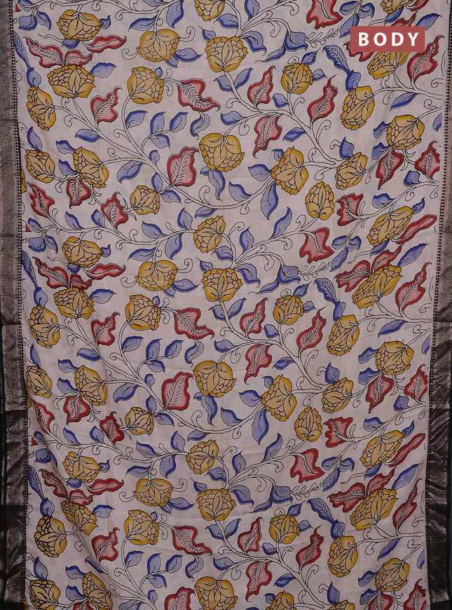 Kalamkari semi silk saree beige and black with allover prints and mangalgiri border