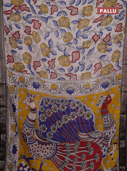 Kalamkari semi silk saree beige and black with allover prints and mangalgiri border