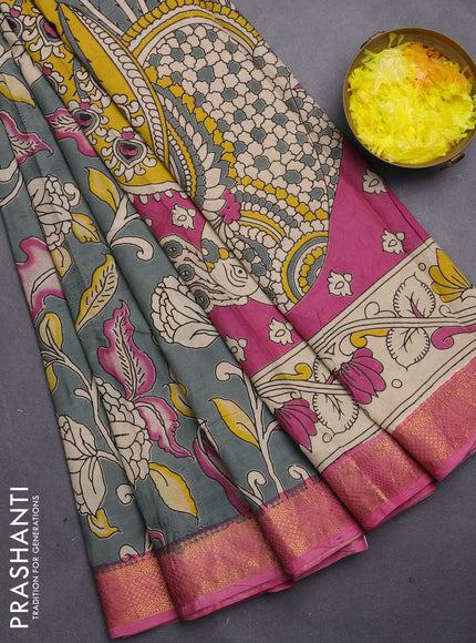 Kalamkari semi silk saree grey and pink with allover prints and mangalgiri border