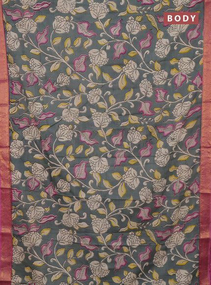 Kalamkari semi silk saree grey and pink with allover prints and mangalgiri border