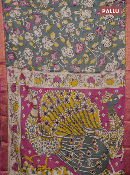 Kalamkari semi silk saree grey and pink with allover prints and mangalgiri border