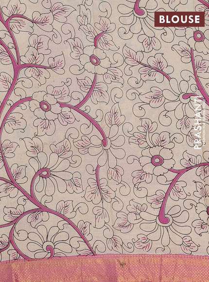 Kalamkari semi silk saree grey and pink with allover prints and mangalgiri border